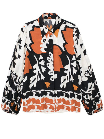 Yipinpay Women Blouse Print Button Up Shirt Woman Puff Long Sleeve Top Female Vintage Baggy Collared Shirt Fashion Streetwear Blouse